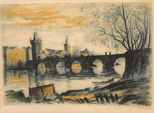 Vintage print lovely old city bridge over the river landscape