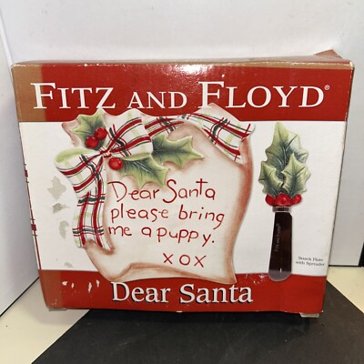 NIB SEALED FITZ & FLOYD DEAR SANTA BRING ME A PUPPY SNACK PLATE & SPREADER NEW