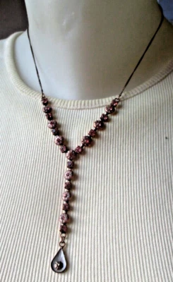 Ancien Collier chaine cuivre rouge cristaux roses émail rose bijou vintage 5284 - Photo 1/3