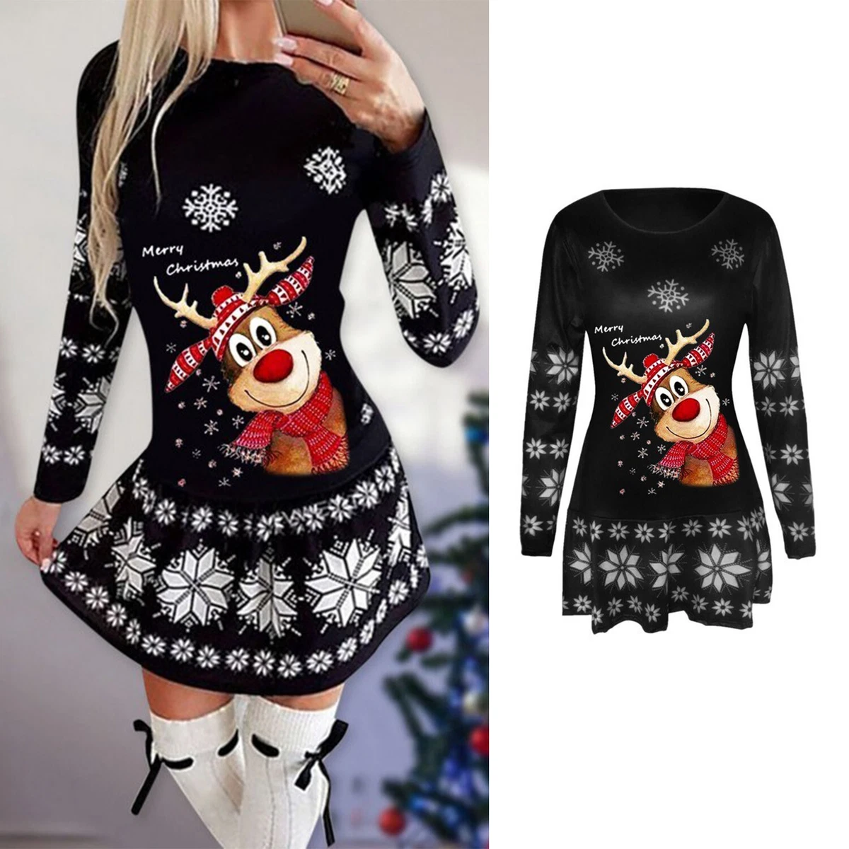 ORANDESIGNE Weihnachtskleid Damen – Midikleid Langarm Mit Festlichem Druck, A-Linie