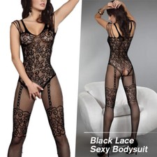 Women Lace See Through Fishnet Mesh Bodysuit Jumpsuit Crotchless Bodystockings