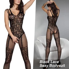 Women Lace See Through Fishnet Mesh Bodysuit Jumpsuit Crotchless Bodystockings
