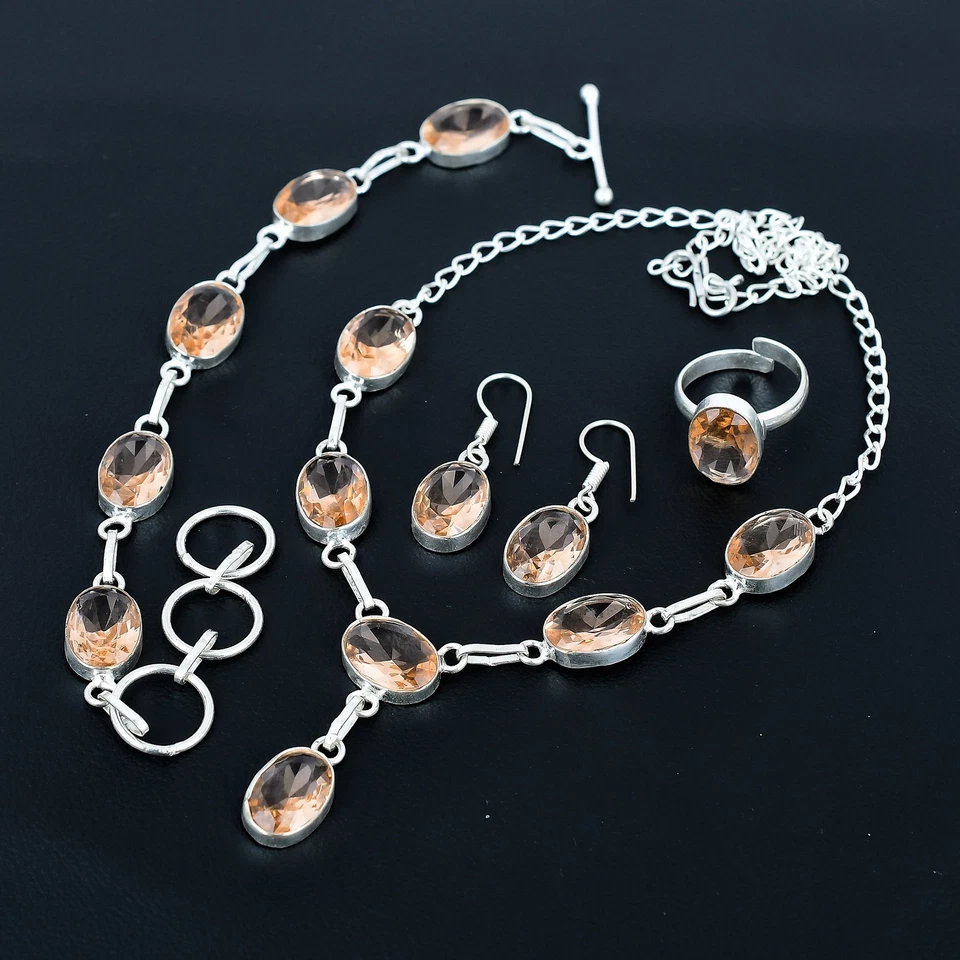 Morganite 925 Sterling Silver Oval Gemstone Handmade Ethnic Jewelry Set VJ 197 - Image 3 of 4