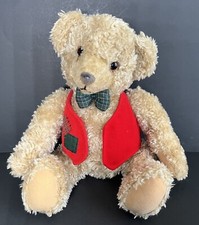 Vintage Hallmark Bear Plush 12 Brown Men Boy Red Vest Jacket Green Plaid Bowtie
