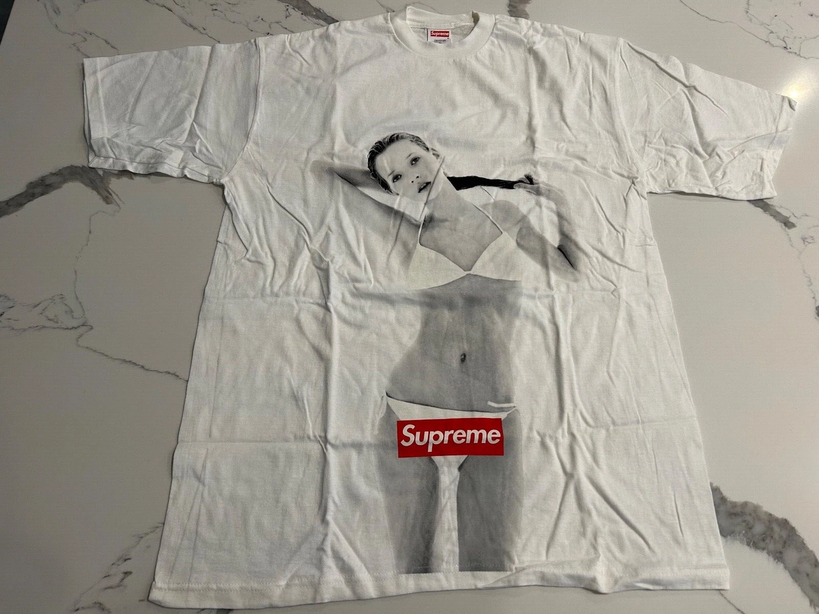RARE ~ T shirt SUPREME 10ème Anniversaire Kate Moss BLANC Vintage Taille XL