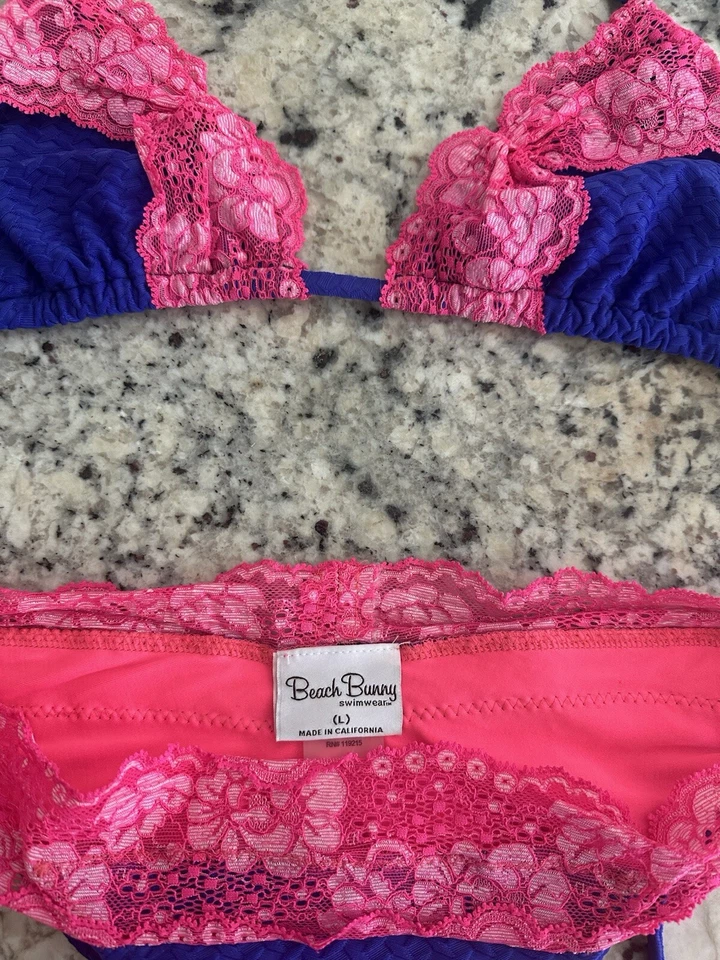 Bikini vintage de encaje Beach Bunny para dama, azul y rosa Foto 3 de 4