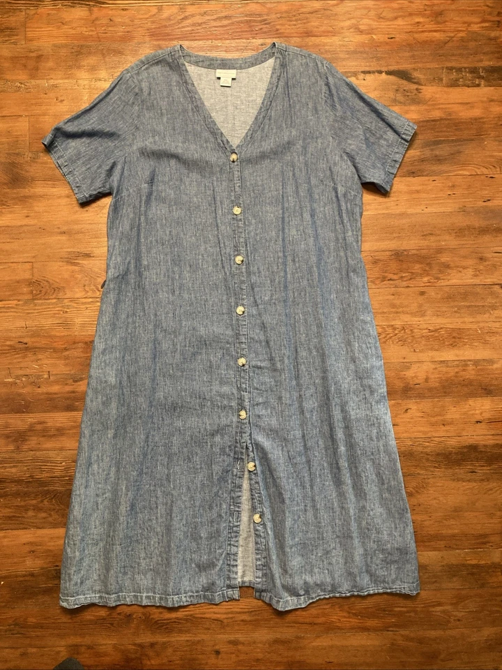 Maxi Vestido Liz Claiborne Denim Cambray 2x Algodón Lino Bolsillos Cottagecore Foto 2 de 4
