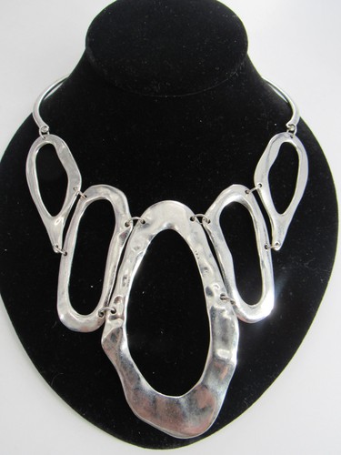 Necklace Silver Tone Modern Abstract Link Statement Large Hammered Links Bold