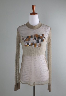 NU DENMARK $98 Sheer Mesh Sequin Embroidered Knit Cuff Keyhole Top Size XS