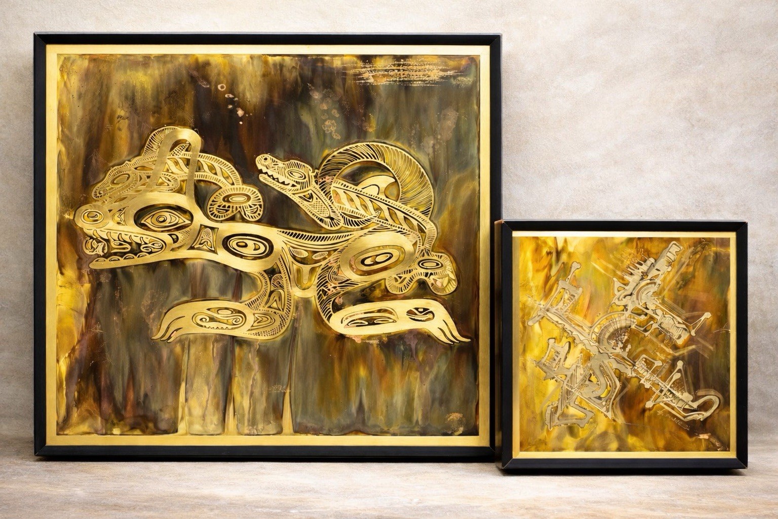 Bernhard Rohne MCM Set Etched Brass Art Signed 1972 & Sea Monster 11.5