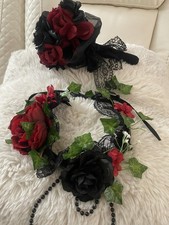 Gothic Red Black Rose Halloween Costume Set Bouquet Floral Headpiece Ivy Cosplay