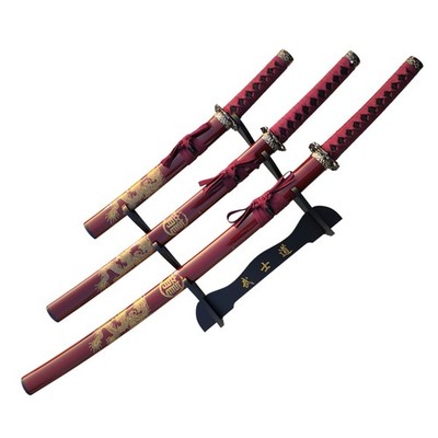 3Pc Red Katana & Gold Dragon Design Japanese Samurai Sword Set Ninja Style with