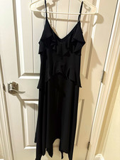 BCBGMAXAZRIA Women's Black Solid V-Neck Ruffle Strappy Midi A-Line Dress XS