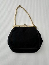 Vintage Black Satin Kisslock Clutch Gold Chain Evening Purse Retro Formal