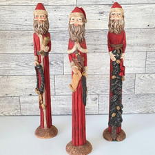 Vintage Pencil Santa 12" Figurine Set of 3 Retro Christmas Decor Slim Folk Art