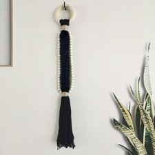 Boho Wall Decor Black Macrame Wall Hanging with Wood Bead Tassel Western Farm...