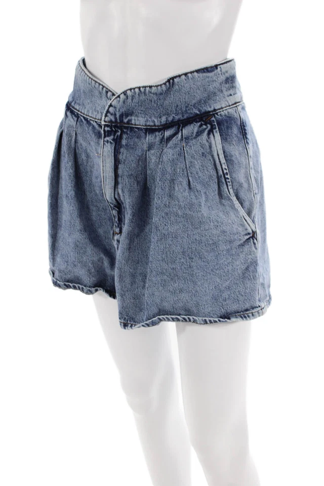 Pantalones Cortos Mujer IRO Denim Tiro Alto Plisados Frontales Azul Algodón Talla 42 EUR Foto 2 de 4