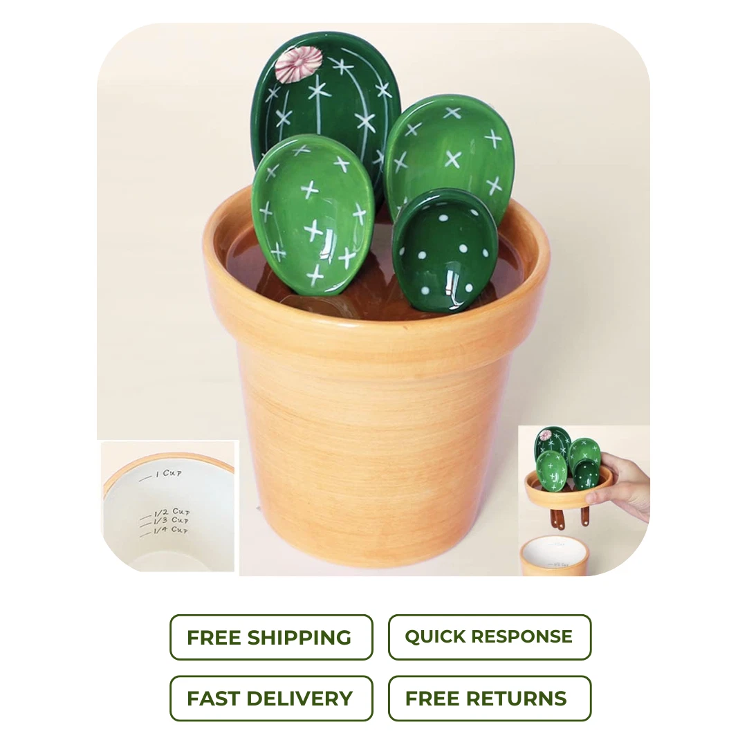 Cactus Measuring Spoons & Cups Set Ceramic Pot Green Baking Kitchen Gift