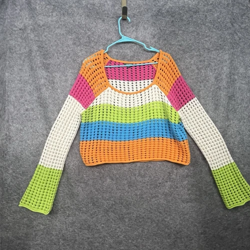 Wild Fable Womens Sweater Medium Open Knit Boho Crochet Crop Colorful 70s Style