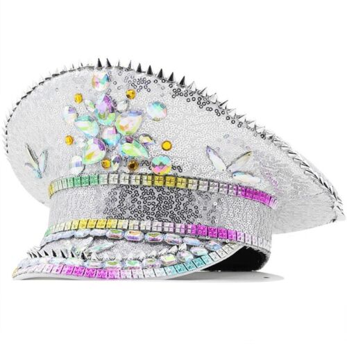 Women Sequin Rhinestone Captain Hat Party Festival Clubwear Adjustable Cap - Afbeelding 1 van 8