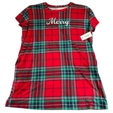 Joyspun Plaid Merry Nightgown Women Size Large/XL Red Sleepshirt Pajamas Pockets