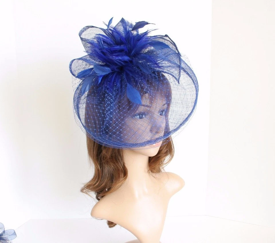 Jumbo Iglesia Derby Boda Pluma Floral Sinamay Fascinator Azul Real 511 Foto 2 de 4