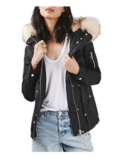 Topshop Trevor Parka With Faux Fur Trim Hood Navy Size 4 Us ( Fits Like 0-2 )