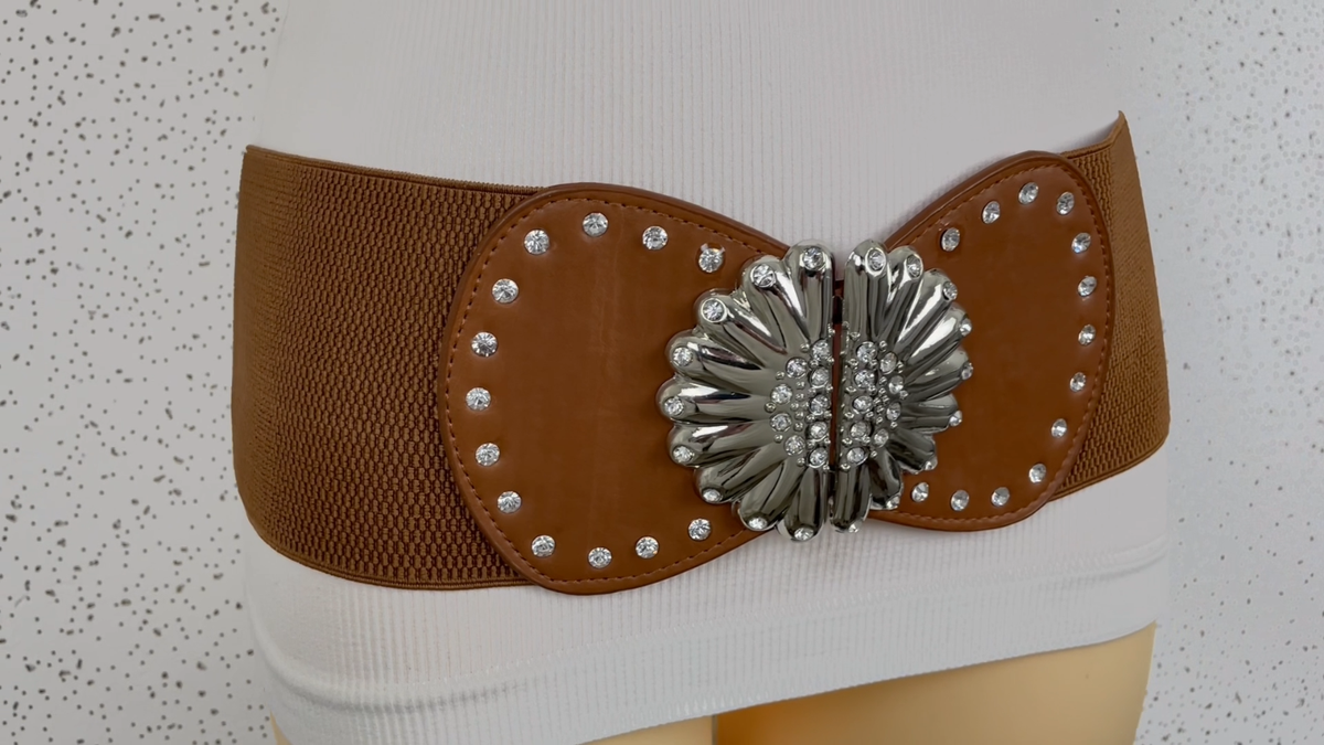 Gold Flower Buckle Elastic Waist Belt with Brown Leather Accents Amazon.com: Cynthia Rowley GOLD FLOWER BUCKLE BELT  main image 2