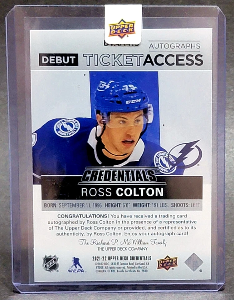 2021-22 Credentials Debut Ticket Access Auto #DTAA-RC Ross Colton 197/299 - Image 2 of 2