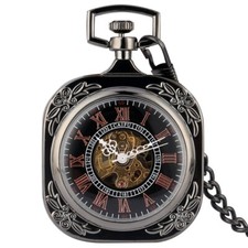 Mens Vintage Mechanical Windup Skeleton Pocket Watch Black Pendant Chain Gifts