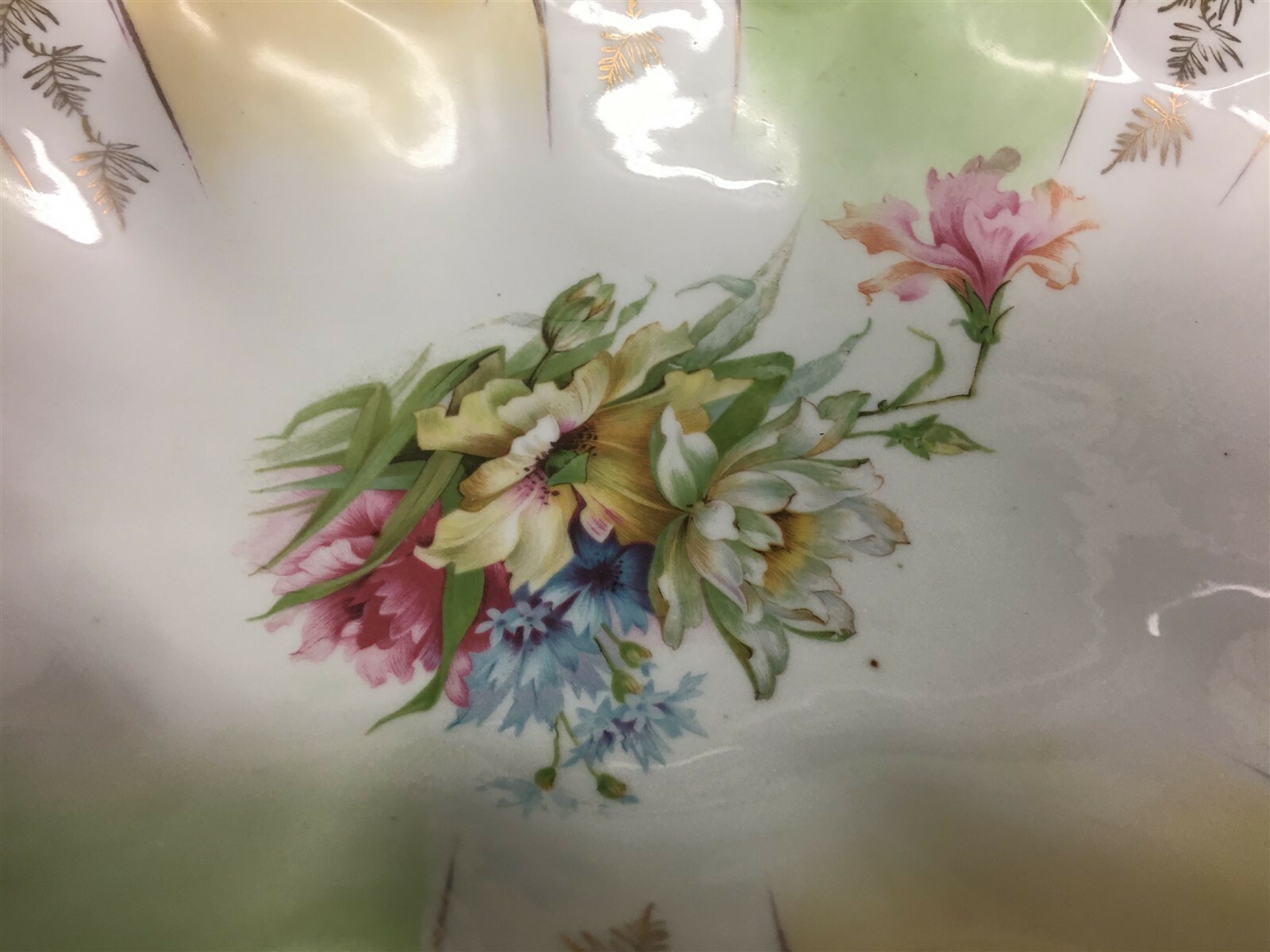 Vintage 12-1/2" Oval Hand Painted Handled Bowl Multi-Colored Flowers Unmarked