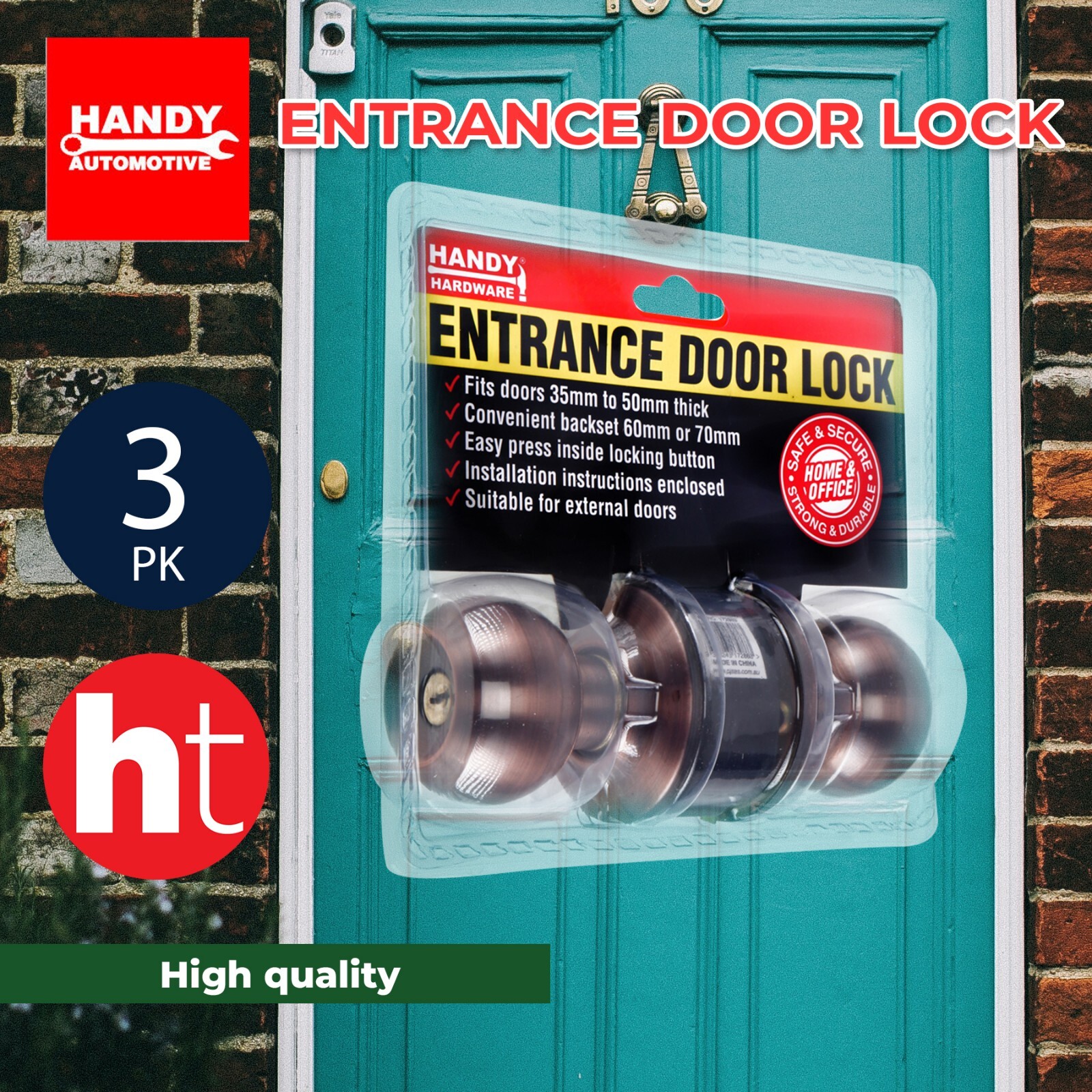 Handy Hardware [3PK] Entrance Door Lock, Strong & Durable, Fits To 35