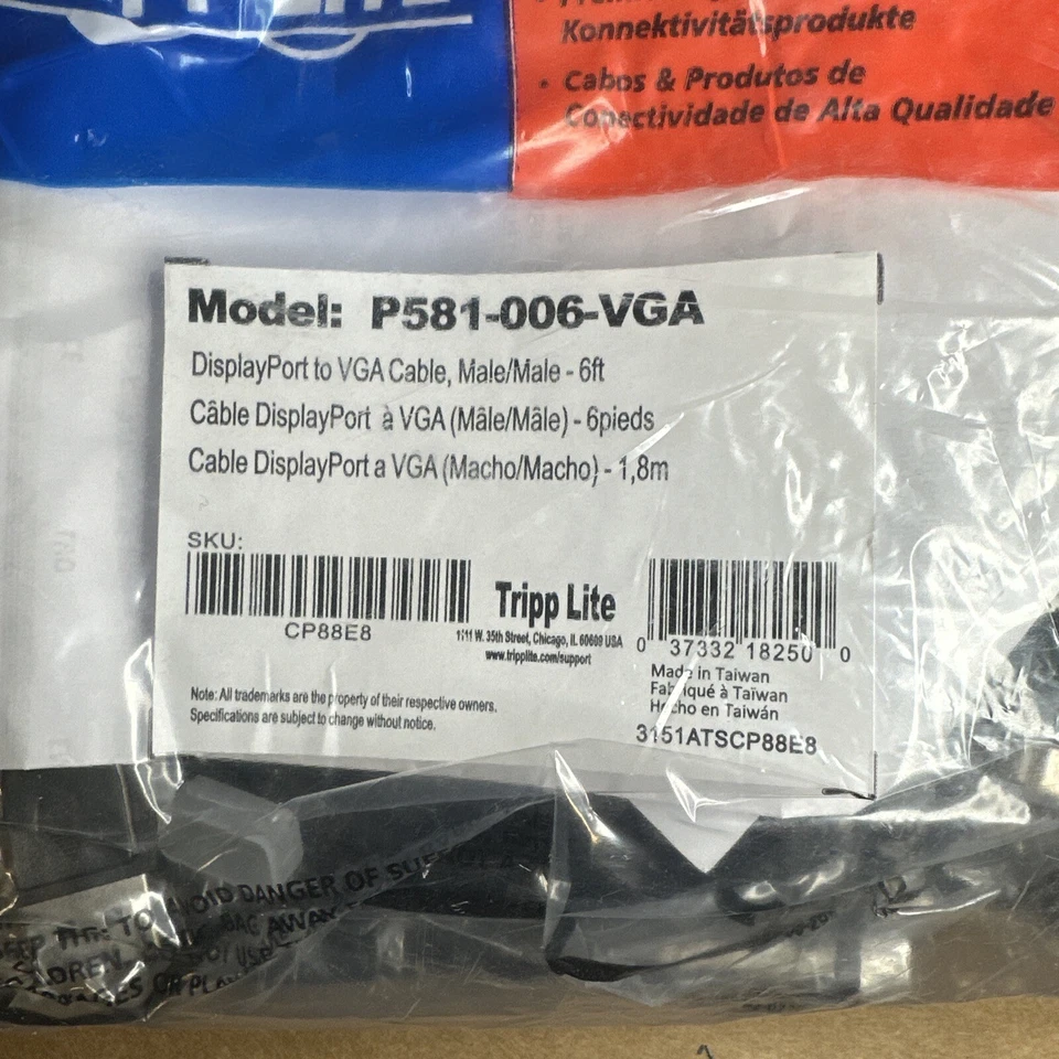 10 Tripp Lite P581-006-VGA 6ft Single link Male to DisplayPort Male Cable - Image 3 of 4