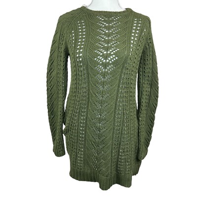 J Jill Women's Olive Green Cable Knit Tunic Sweater Sz XS Pointelle Knit  Raglan