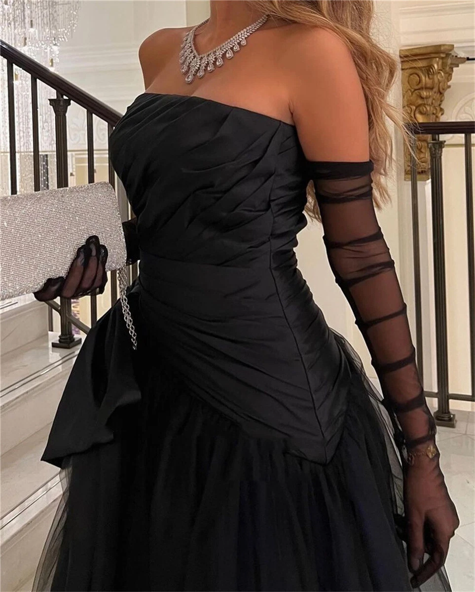 Cathy Sexy Strapless Prom Gown Gloveless Black Tulle Evening Gown Prom Dress