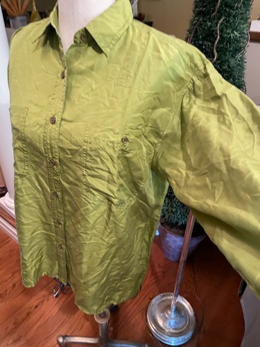 100% Silk Womens Sz Med Long Sleeve Button Up Shirt VTG Green 80s NEW - Picture 4 of 7