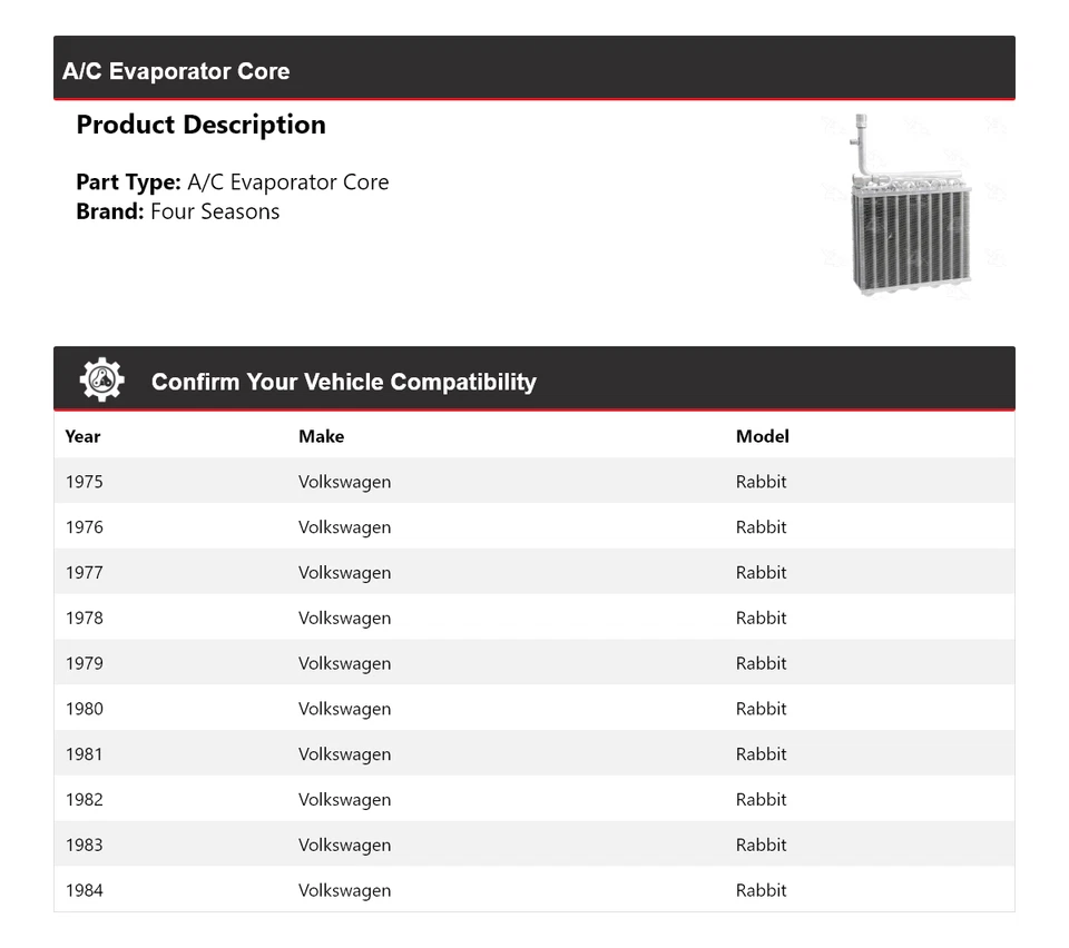 Núcleo evaporador aire acondicionado Volkswagen Rabbit 1975-1984 4 estaciones 1976 1977 1978 Foto 2 de 4