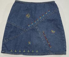 Vintage 90s Girls Size 8 Denim Skirt Embroidered Butterfly Floral Patchwork