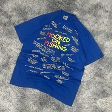 Vintage Fishing T-shirt Size Large All Over Print Hooked On Fishing Tee USA Made