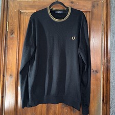 Fred Perry Crew Neck Knit Jumper Mens Large black gold Cotton Long Sleeve Mod XL