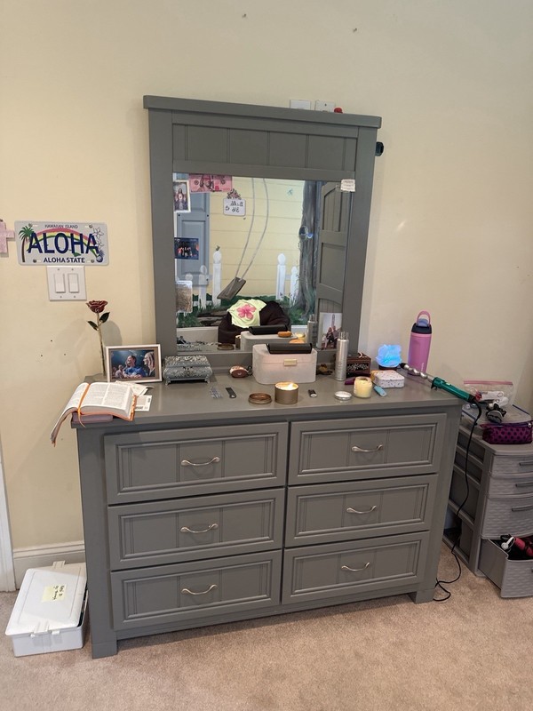 Gray Wood Painted Freestanding Dresser, 6 Drawers, Mirror Included