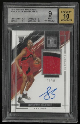 2021 Panini Impeccable Rookie Patch Autograph Scottie Barnes /99 BGS 9 Auto 10