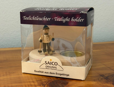 Saico Originals Erzgebirge Tealight Holder Wooden Skier Figurine Made in Germany