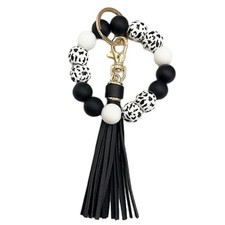 Wristlet Keychain Women,Cow Wood Beads Silicone Beaded Keyring Black