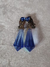 Stunning Blue Iridescent Czech Deco Style Dangle Clip Earrings
