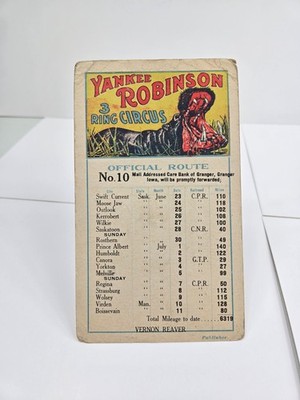 Antique Yankee Robinson 3 Ring Circus Official Tour Route Card