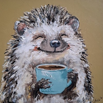 Ölgemälde Igel genießt eine Tasse Kaffee, Tierwelt Original Gemälde
