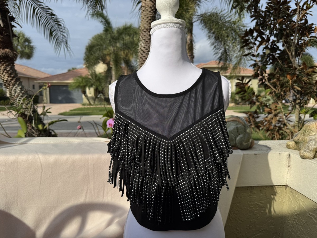 Bebe Black Fringe Studded Sleeveless Blouse - Sz L for sale online