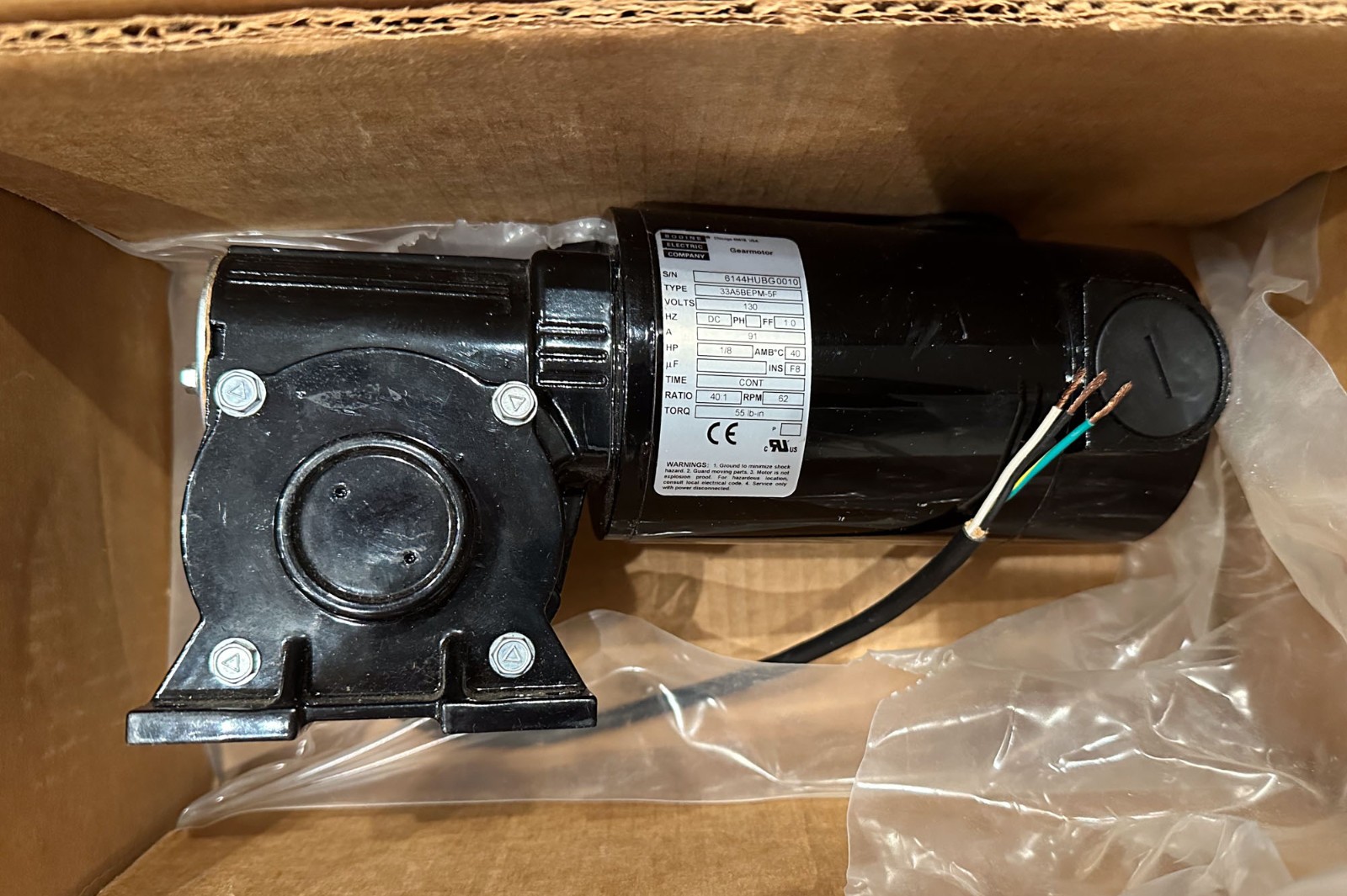 Bodine Electric Company 33A5BEPM-5F Right Angle DC Gearmotor 1/8hp 130v RPM 62