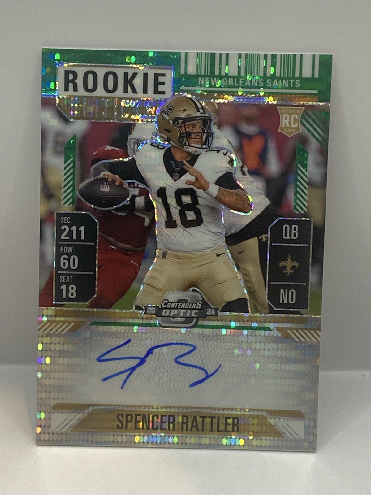 SPENCER RATTLER 2024 CONTENDERS OPTIC #116 ROOKIE AUTO GREEN PULSAR PRIZM RC /30